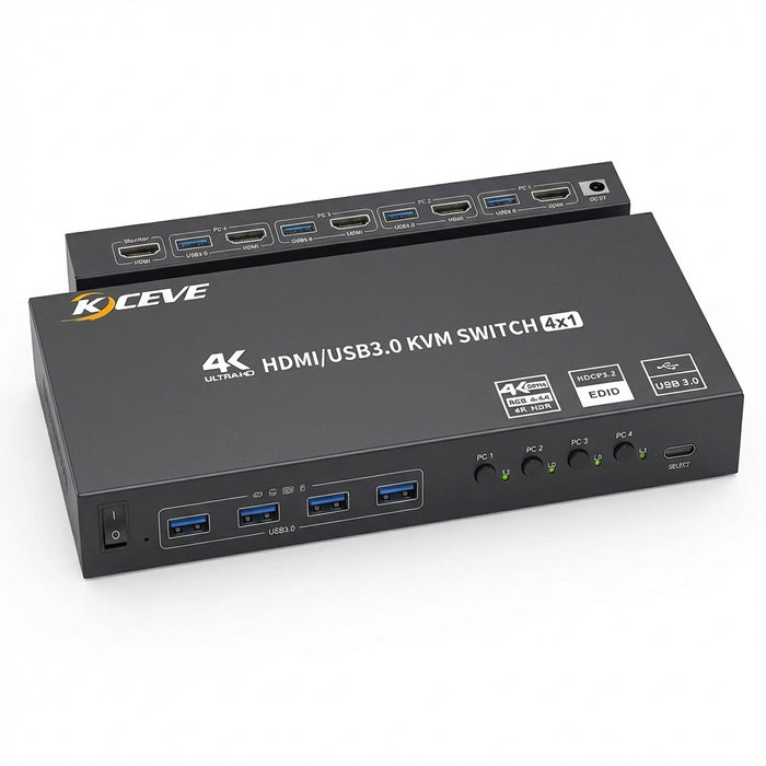 8K / 4K HDMI KVM Switch 4‑Port USB 3.0 — 4‑in‑1 Out with EDID Emulator & Wired Remote
