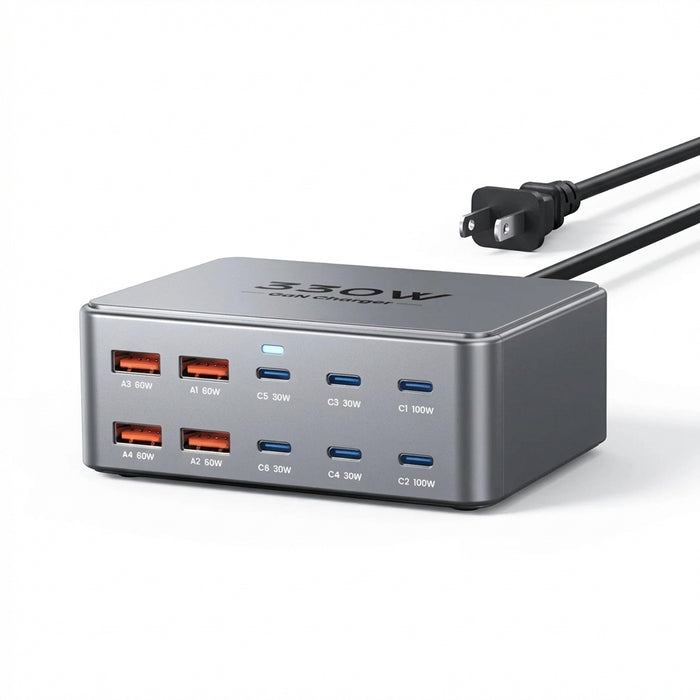330W GaN 10‑Port USB Charger — 2×100W USB‑C, PD3.0/PPS/QC3.0, for MacBook Pro & iPhone 15/16