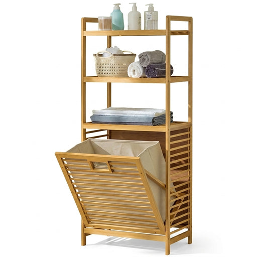Adjustable Bamboo Laundry Hamper & Bathroom Rack with Pull-Out Shelves