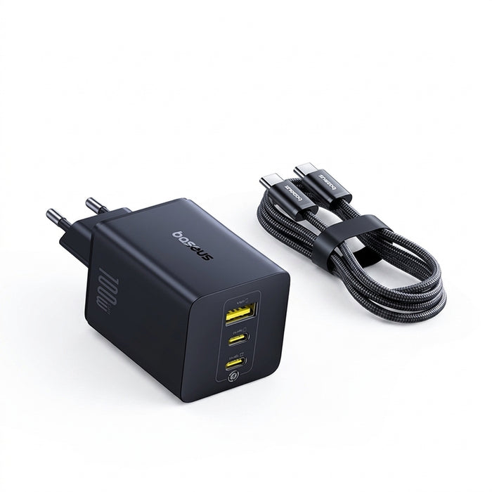 Baseus 100W GaN 3‑Port Fast Charger — 2x USB‑C + USB‑A, PD/QC/PPS