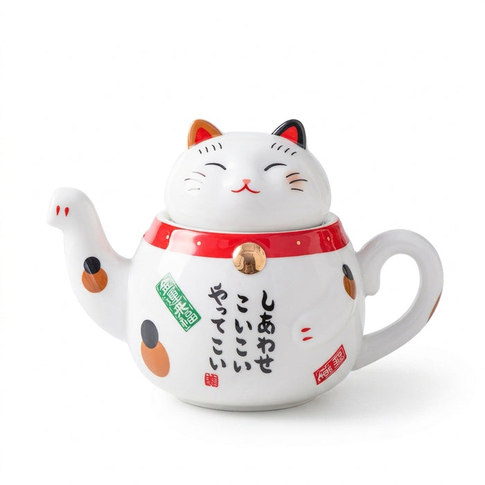 Japanese-style Maneki Neko Porcelain Tea Set with Strainer