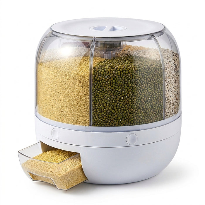 6-Compartment Rotating Grain Dispenser — Sealed, Insect-Proof Kitchen Storage