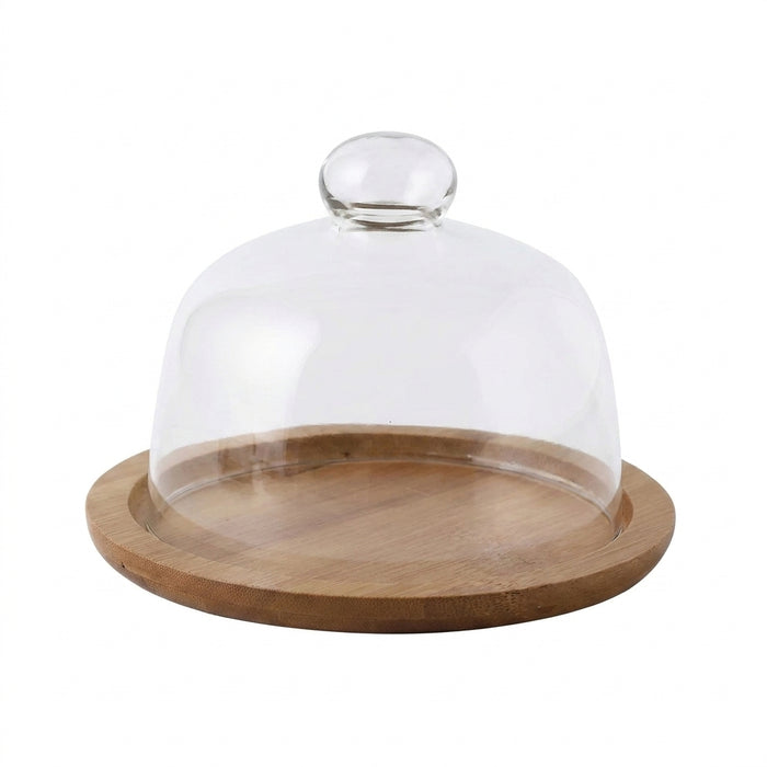 Wooden Cake Stand with Transparent Dome — Dessert Plate & Cupcake Display (Turntable)