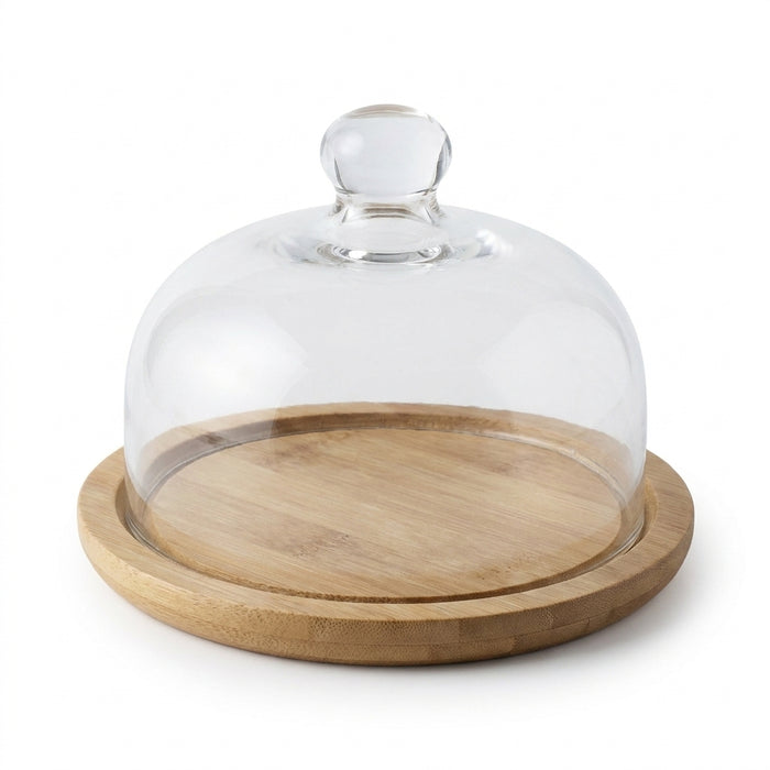 Wooden Cake Stand with Transparent Dome — Dessert Plate & Cupcake Display (Turntable)