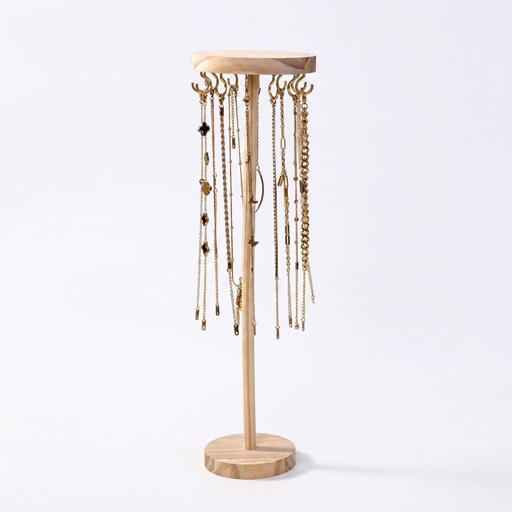 Wooden Jewellery Organiser Tower — 12 or 18 Golden Hooks, Round Base