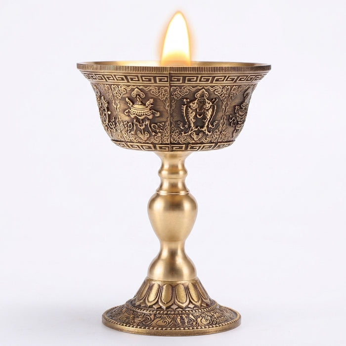 Copper Buddhist Candlestick with Bronze Finish — Dragon & Phoenix Inlay