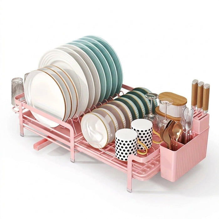 Expandable Dish Drainer with Drainboard — Rustproof Counter Organiser (Black, White, Pink)