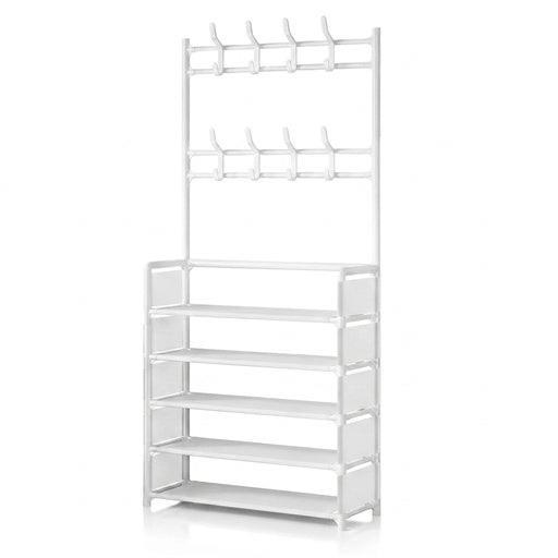 5-Tier Metal Coat & Shoe Rack with 8 Hooks — White