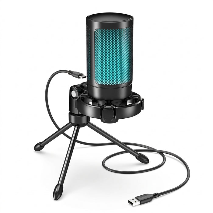 AmpliGame RGB USB Gaming Microphone A2 — Condenser with Light‑touch Mute & Tripod