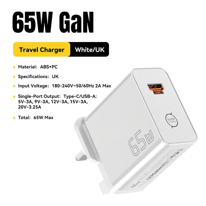 65W GaN Dual-Port Fast Charger PD3.0 PPS QC4.0 – Hybrid USB-C/USB-A