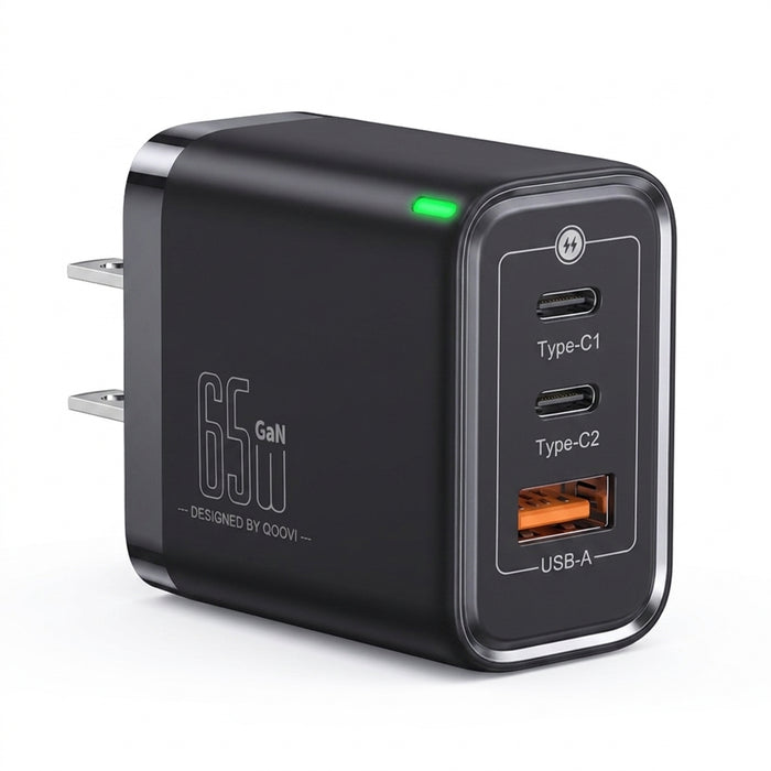 QOOVI 65W GaN 3‑Port Charger – USB‑C PD & Quick Charge 4.0, 2x USB‑C + USB‑A