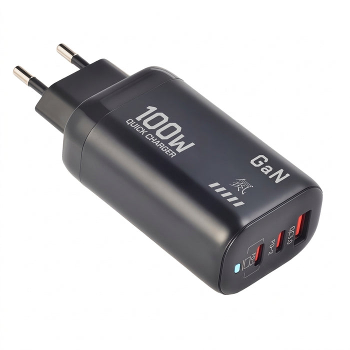 100W GaN USB‑C PD Charger with QC 3.0 — 2x Type‑C + USB‑A, Fast Charge for iPhone 15/16/17 Pro Max, iPad, Samsung & Xiaomi