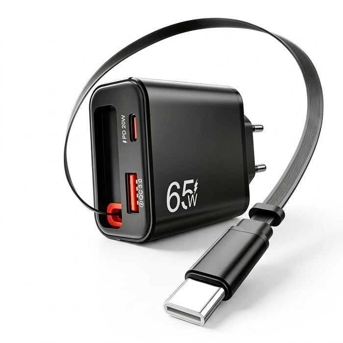 65W USB Wall Charger with Retractable USB‑C Cable — PD & QC3.0 Fast Charge
