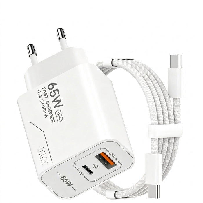 65W GaN Dual-Port USB Charger — USB-C & USB-A, EU/US Plug Options