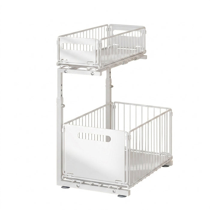 2-Tier Under-Sink Pull-Out Organiser — Adjustable Height Thickened Metal Sliding Drawers (Black or White)