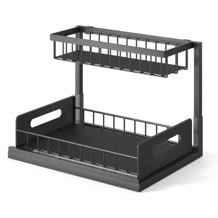 Under-sink Pull-out Metal Organiser — Sliding Storage Shelf for Kitchen (Black/White)
