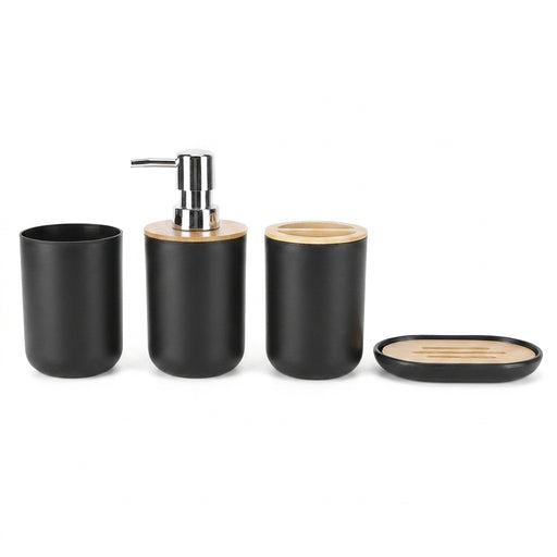 4-piece Bamboo-Accent Bathroom Set — Dispenser, Toothbrush Holder, Tumbler & Soap Dish