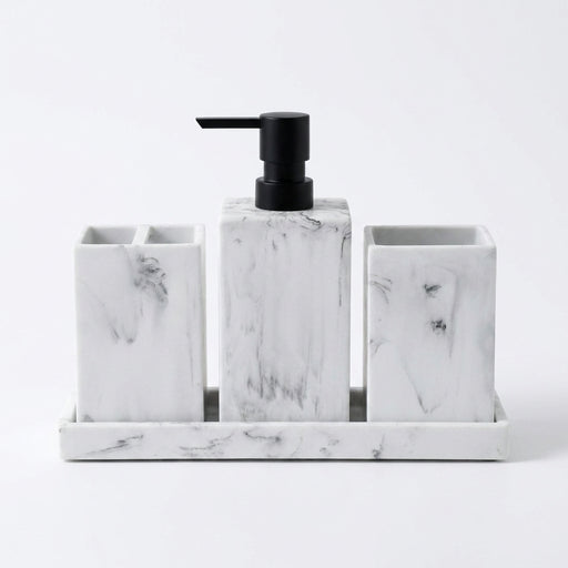 4-Piece Marble-Pattern Resin Bathroom Set — Lotion/Soap Dispenser, Toothbrush Holder, Tumbler & Tray (Black or White)