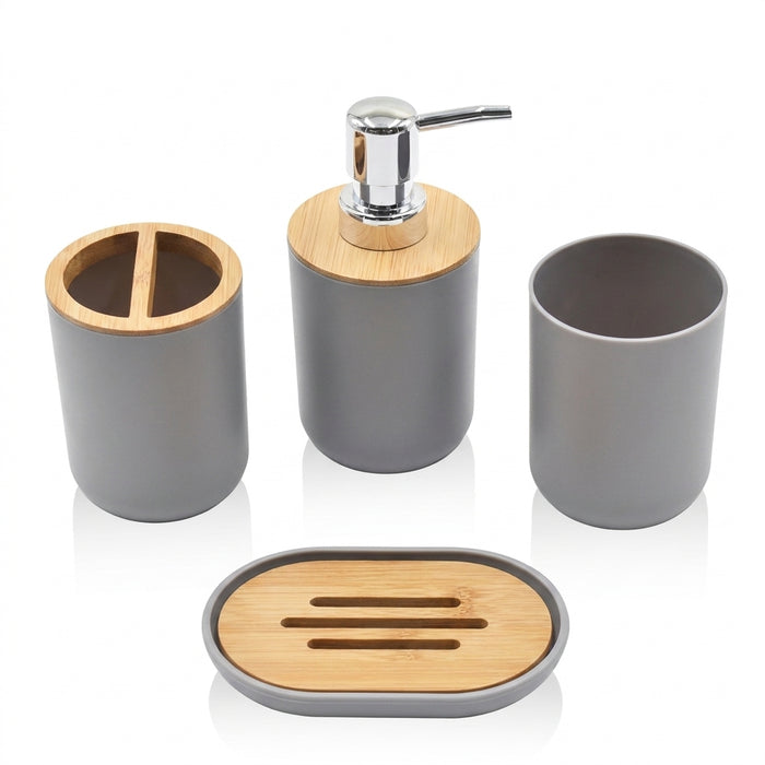 4‑Piece Bathroom Accessory Set – Plastic with Bamboo Toothbrush Holder, Cup & Soap Dish (1‑pc Lotion Dispenser option)
