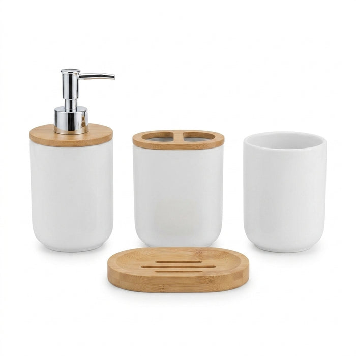 4‑Piece Bathroom Accessory Set – Plastic with Bamboo Toothbrush Holder, Cup & Soap Dish (1‑pc Lotion Dispenser option)