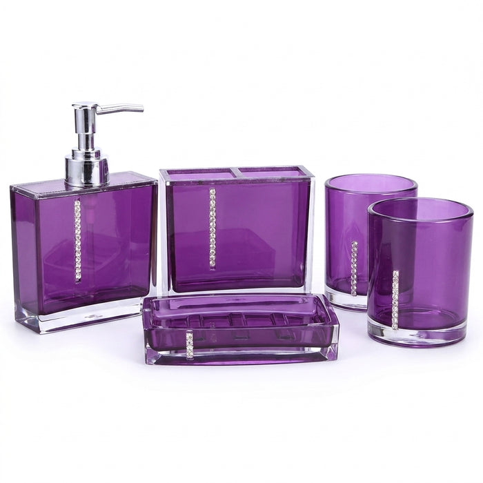 5‑Piece Purple Acrylic Bathroom Set — Emulsion Bottle, Toothbrush Holder, Soap Dish & 2 Cups