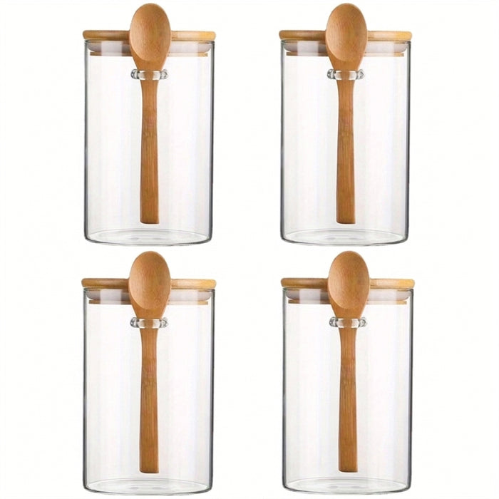 Airtight Glass Jars with Bamboo Lids & Spoons — 18oz (>501ml) — Pack of 1/2/3/4 — Transparent Food Storage for Spices, Beans & Tea