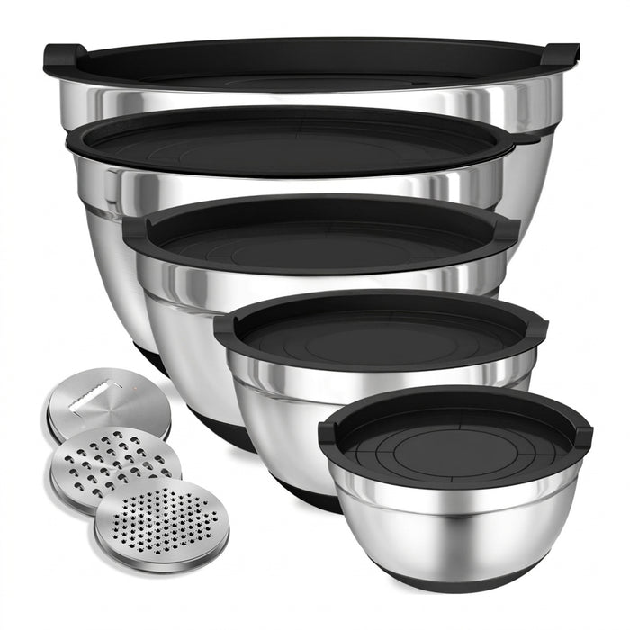 8-Piece Stainless Steel Mixing Bowls with Airtight Lids — Black, Non-Slip Bases