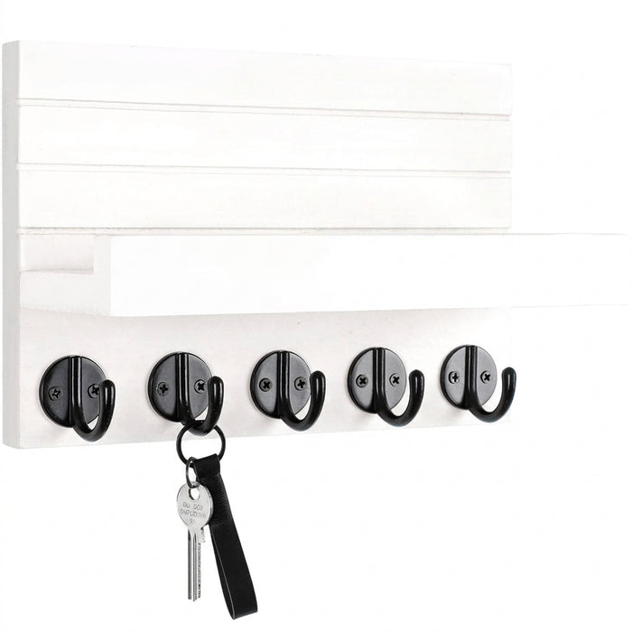 Wall-mounted Wooden Key and Mail Shelf with 5 Hooks
