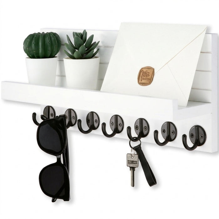 Wood Wall-Mounted Key & Mail Holder with 7 Hooks and Shelf