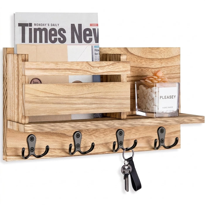 Wooden Wall-Mounted Key and Mail Holder — Rustic Letter Sorter with 4 Hooks